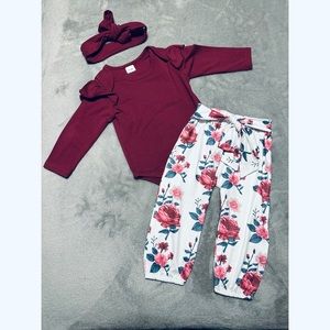 Two piece matching maroon & floral outfit